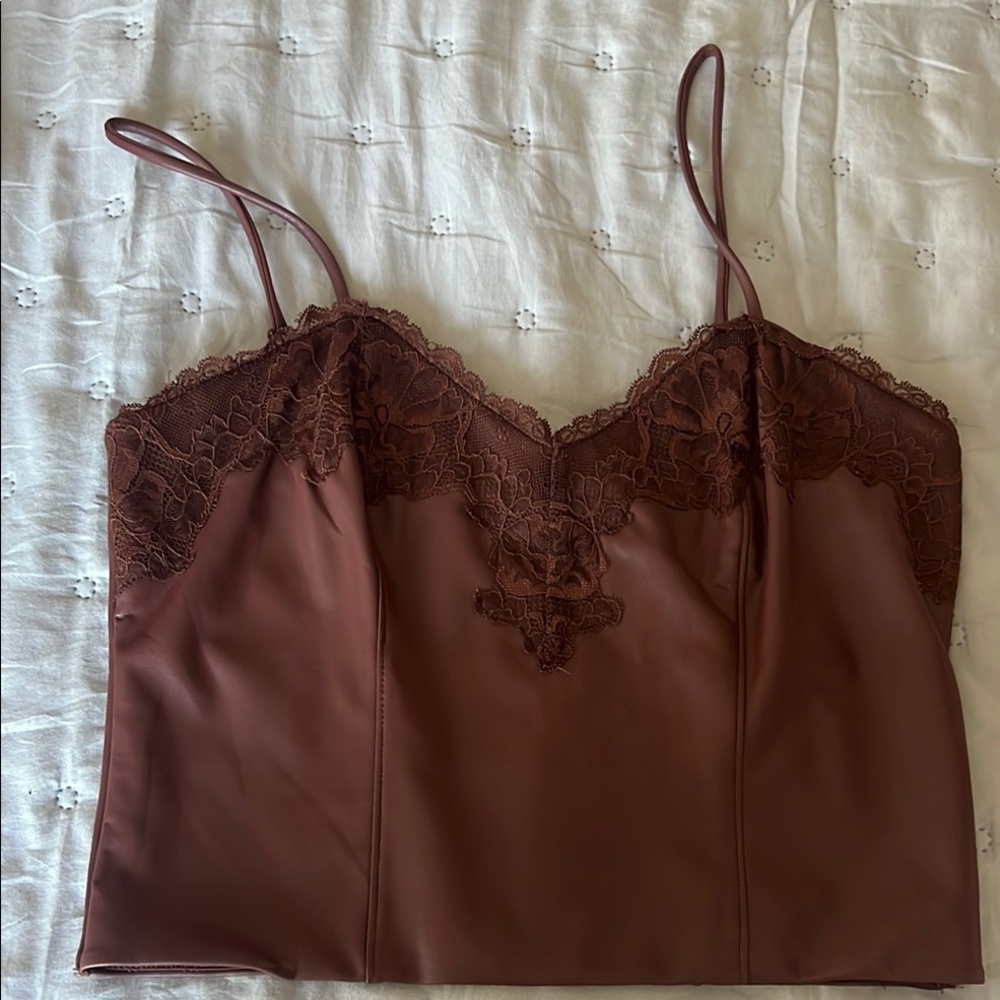 Brown Lace Trim Cami Top - faux leather